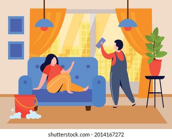 Windows cleaning flat composition with living room scenery and woman sitting on sofa with working man vector illustration