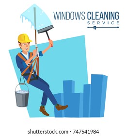 Windows Cleaning Service Vector. Window Washer Is Cleaning High Building. Washing Windows Of The Modern Building. Flat Cartoon Illustration