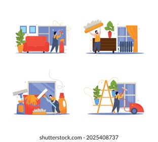 Conjunto de limpieza de Windows de cuatro composiciones con vistas interiores e iconos planos del equipo para la ilustración del vector de limpieza