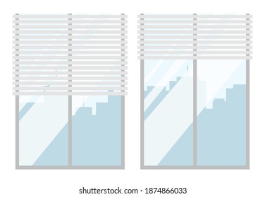 Windows closed with light blinds flat vector illustration. Interior elements isolated on white background. Jalousie hang next to a framed glass windows. Interior design of a room in the office