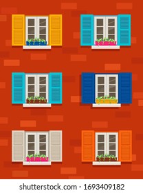 Windows with colored shutters and flowers in pot on  brick wall. Traditional italian windows on a building facade. Vector illustration