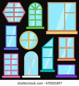 Windows colorful flat vector collection collection Different windows on black background