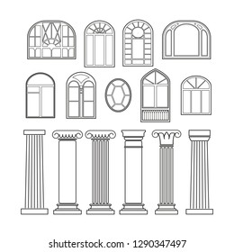 Windows and columns set for architectural design. Vector line style elements.