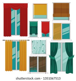 Windows with curtains blinds and shutters fabric and wood interior design vector isolated objects textile jalousie or shade indoor decor cotton silk or lace glass and plastic drapes coziness