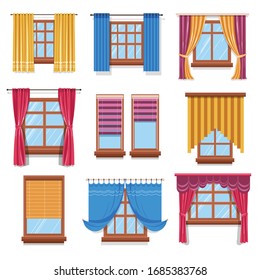 Windows with curtains, blinds or shutters, fabric and wood, interior design vector isolated icon. Textile shade, indoor decor, cotton, silk or lace. Glass and plastic, drapes and coziness element