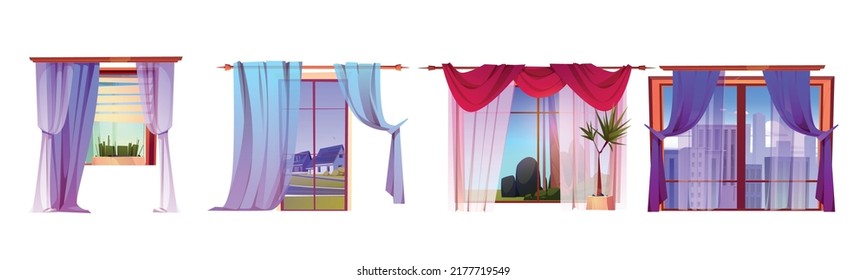 Windows with curtains and different views outside. Vector cartoon set of house interior elements, window with drapes and blind with summer backyard landscape, cityscape and suburb street outside