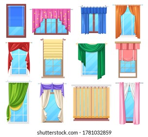 Windows with curtains and jalousie, vector interior design elements. Plastic windows frames with fabric drapery and roller blinds. White pvc and wooden brown sills, transparent home glasses set
