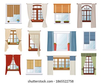 Windows with curtains and jalousie, vector interior design elements. White pvc and wooden brown sills, plastic windows frames with fabric drapery and roller blinds. Transparent home glasses set