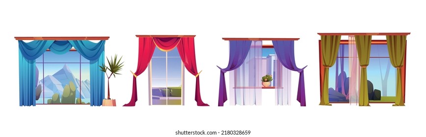 Windows with curtains and outside view. Interior decoration, home textile various design. Indoor hanging drape types lambrequin, tulle, portiere textile, living room decor, Cartoon vector illustration