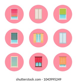 Windows and curtains set, home interior collection of objects and jalousie, circled icons set, home interior vector illustration isolated on white
