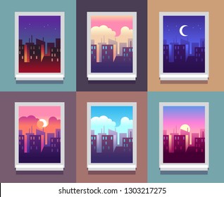 Windows Day Time. Early Morning Sunrise Sunset, Noon And Dusk Evening, Night Cityscape Skyscrapers Inside Home Window. Vector Concept