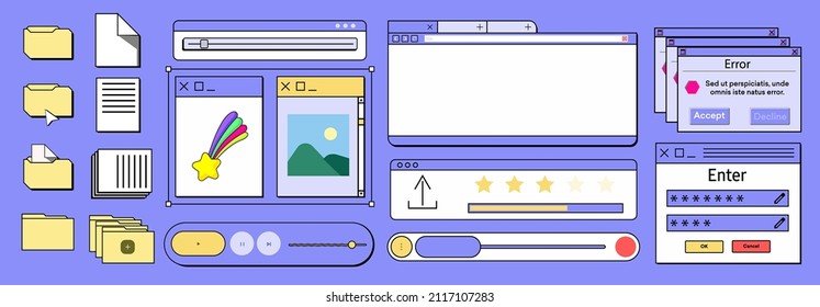 Windows of the desktop folder, sheet, picture, sound, player, enter. PC desktop in retro style with message windows and pop-up elements. Vintage computer panels and dialogues. Vector illustration