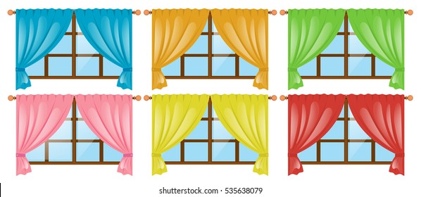 Windows with different color curtains illustration