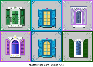Windows different designs on a gray background in the decorative framework