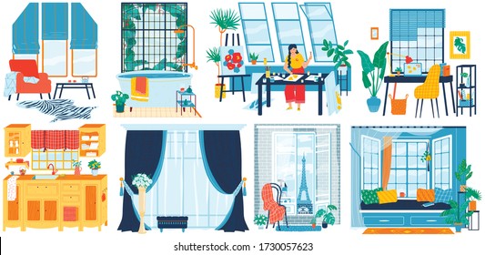 Windows in different interiors, home room, hotel apartment, artist studio and modern office, vector illustration. Comfortable living room, creative workspace. Large window from inside kitchen bathroom