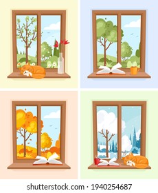 Windows with different seasons and weather landscapes. Vector set of wood windows with view of garden, forest. Landscape with tree, bush, field, hills. Spring, Summer, Autumn, Winter scene. Hygge