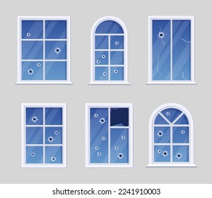 Ventanas de diferentes formas con ilustraciones vectoriales de agujeros definidas. Dibujos de dibujos animados de ventanas rotas con agujeros de pistolas aislados en fondo gris. Violencia, peligro, daños, concepto de destrucción