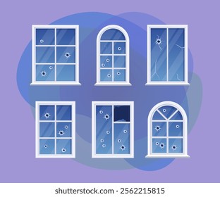 Windows of different shapes with holes vector illustrations set. Cartoon drawings of broken windows with gunshot holes on purple background. Violence, danger, damage, destruction concept