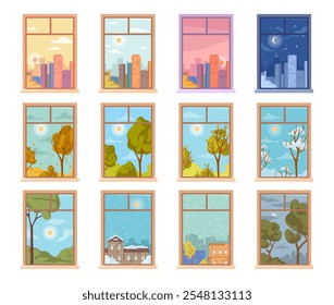 Windows with different time and seasons. Vector in flat style, isolated set of look on park and city. Cityscape at night, garden at night and day, morning and evening. Winter and spring seasons