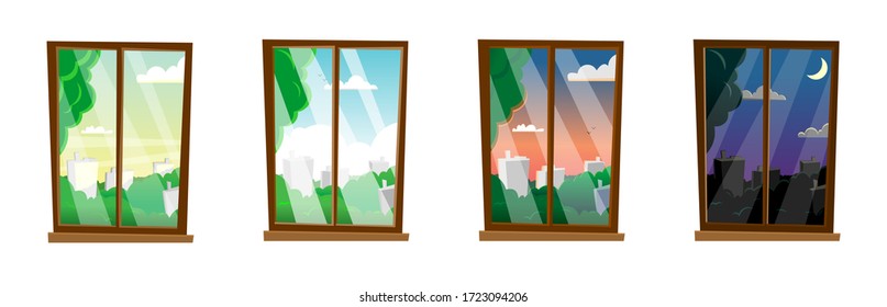 Windows with different times of day, summer, landscape. Morning, day, evening, night outside the window. Modern flat cartoon style vector illustration.