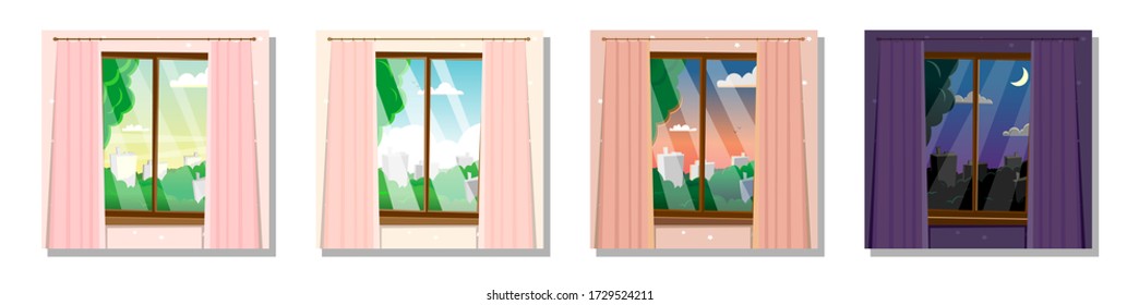 Windows with different times of day, summer, landscape. Morning, day, evening, night outside the window with curtains, view from the room. Modern flat cartoon style vector illustration.