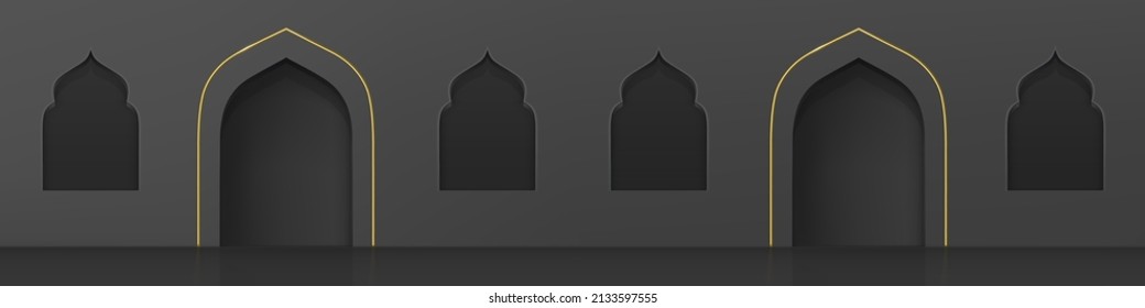 Windows And Doors Arches On Arab Building Facade. Vector Realistic Illustration Of Mosque, Islamic And Oriental Architecture With Traditional Arabic Doorway And Window Frames In Black Wall