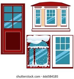 Windows and doors icon, isolated on white background. Set. Window in the snow. Element of architecture design. Vector illustration.