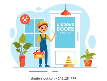 Windows and Doors Installation Service Vector Illustration with Worker for Home Repair and Renovation use Tools in Flat Kids Cartoon Background Design