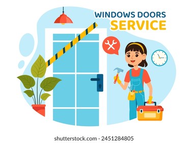 Windows and Doors Installation Service Vector Illustration with Worker for Home Repair and Renovation use Tools in Flat Kids Cartoon Background Design