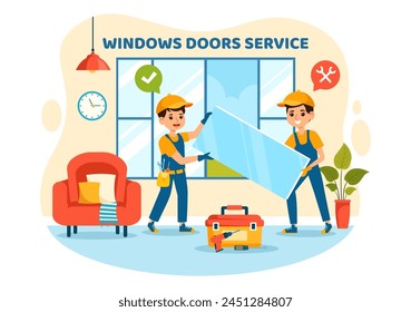 Ilustración vectorial del servicio de instalación de ventanas y puertas con Worker for Home Repair and Renovation use Herramientas en Diseño de fondo de dibujos animados para niños planos