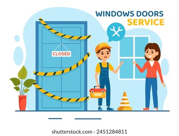 Windows and Doors Installation Service Vector Illustration with Worker for Home Repair and Renovation use Tools in Flat Kids Cartoon Background Design