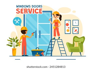 Vektorillustration des Installations-Service für Fenster und Türen mit Arbeitskraft für die Reparatur und Renovierung von Wohnungen verwenden Tools in Flat Kids Cartoon Hintergrunddesign