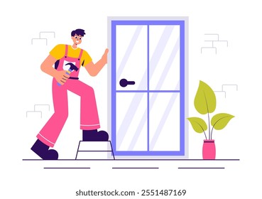 Windows and Doors Installation Service Vector Illustration featuring a Worker Using Tools for Home Repair and Renovation in a Flat Cartoon Background