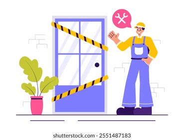 Windows and Doors Installation Service Vector Illustration featuring a Worker Using Tools for Home Repair and Renovation in a Flat Cartoon Background