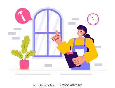 Windows and Doors Installation Service Vector Illustration featuring a Worker Using Tools for Home Repair and Renovation in a Flat Cartoon Background