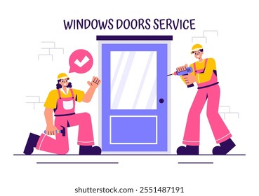 Windows and Doors Installation Service Vector Illustration featuring a Worker Using Tools for Home Repair and Renovation in a Flat Cartoon Background