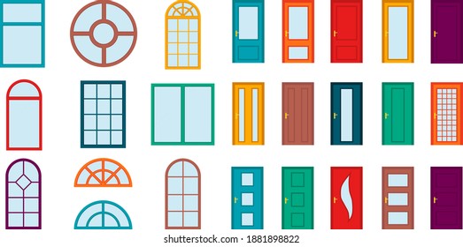Fenster und Türen. Set aus Cartoon mehrfarbige Fenster und Türen einzeln auf weißem Hintergrund. Vektorgrafik, Cartoon-Illustration. Vektorgrafik.