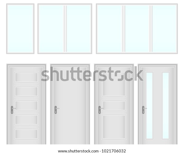 窓とドア 窓とドアのセット ガラスの付いたドア フラットデザイン ベクターイラスト ベクター画像 のベクター画像素材 ロイヤリティフリー