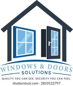 Windows and Doors Solutions Logo Template – Professional Construction Badge with House Silhouette, Window and Open Door