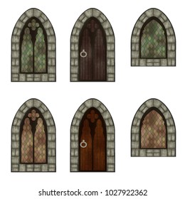 Windows and doors vintage in medieval style with stained-glass Windows for the castle from a stone or a fortress, for a facade or an interior of ancient houses, ornament for walls. Set in the same sty