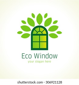 Windows eco vector logo. Template icon of constructing architectural or environmental company in a shape of green arch window, crown of leaves. Sign to buy windows or doors from natural materials.
