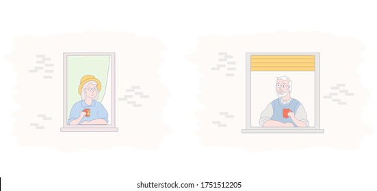 Windows with an elderly couple. An elderly man and a female neighbor communicate and drink coffee. The facade of the house with open windows. Home rest, quarantine and self-isolation. Vector illustrat