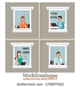 Windows with Employees are working from home to avoid spreading COVID-19. work from home, work home, using computer, computer business,vector illustration.