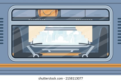 Windows Of An Empty Commuter Train. Electricity Outside. Cartoon Style. Flat Style.