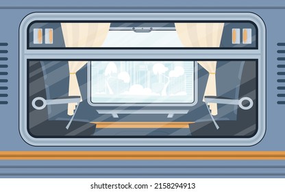 Windows Of An Empty Commuter Train. Electricity Outside. Cartoon Style. Flat Style.