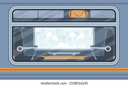 Windows Of An Empty Commuter Train. Electricity Outside. Cartoon Style. Flat Style.