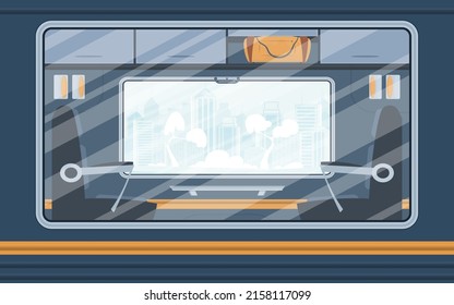 Windows of an empty commuter train. Rail transport outside. Cartoon style. Flat style.