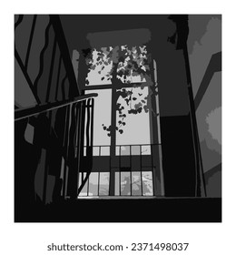 Windows, flower pot, stairwell. Vector graphics, eps