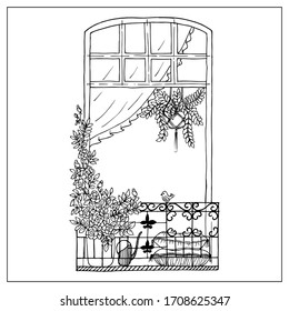 Fenster mit Blumentöpfen. Handzeichnen Sie doodle Grafiken. 