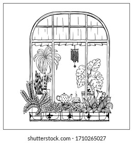 Windows with flowers pots. Hand draw doodle graphics.